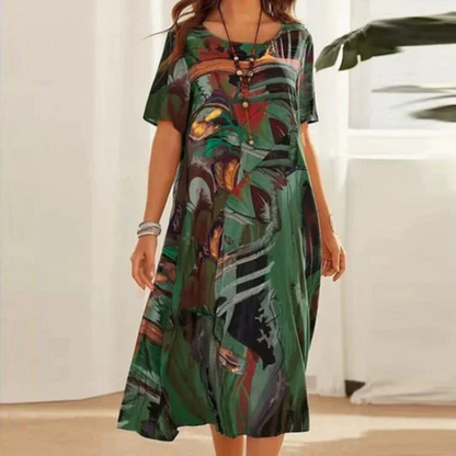 Women's Midi Dress - Flowy Fit - Short Sleeve - Round Neck - Abstract Floral Print