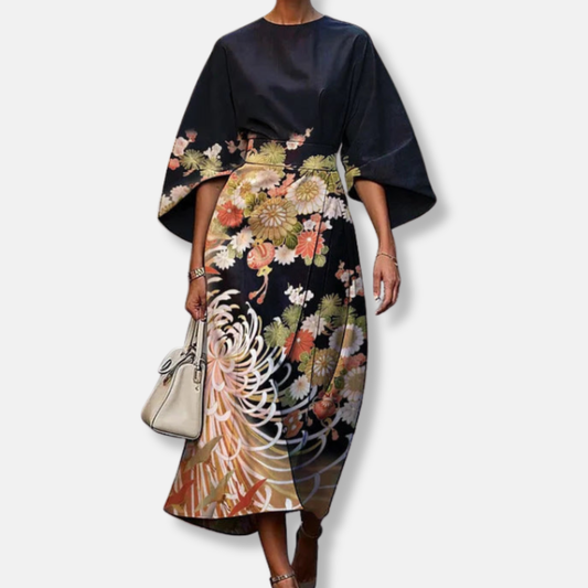 Women’s Midi Dress – Structured A-Line Fit – Kimono Sleeves – Floral Print