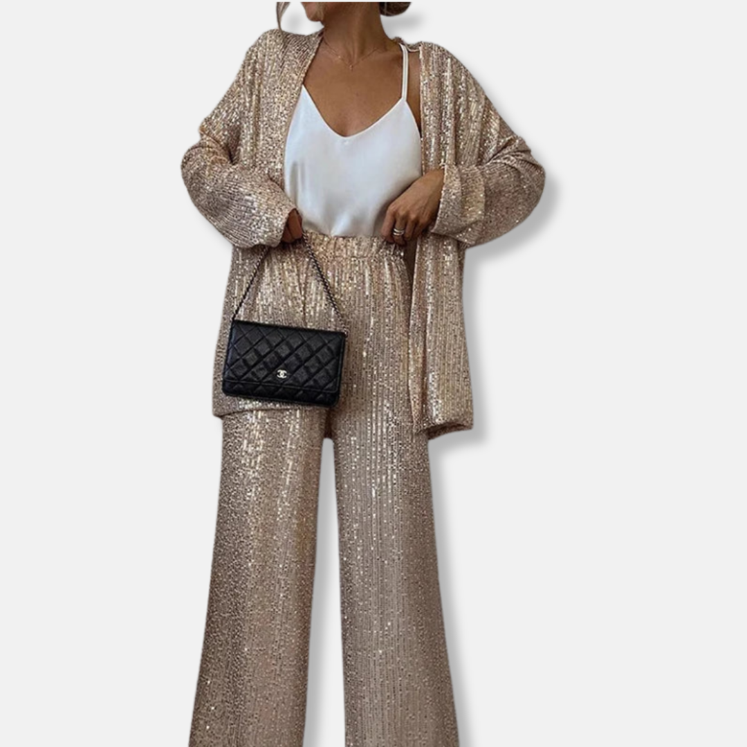 Women’s Two-Piece Set – Sequin Tailored Jacket – High-Waisted Wide-Leg Pants