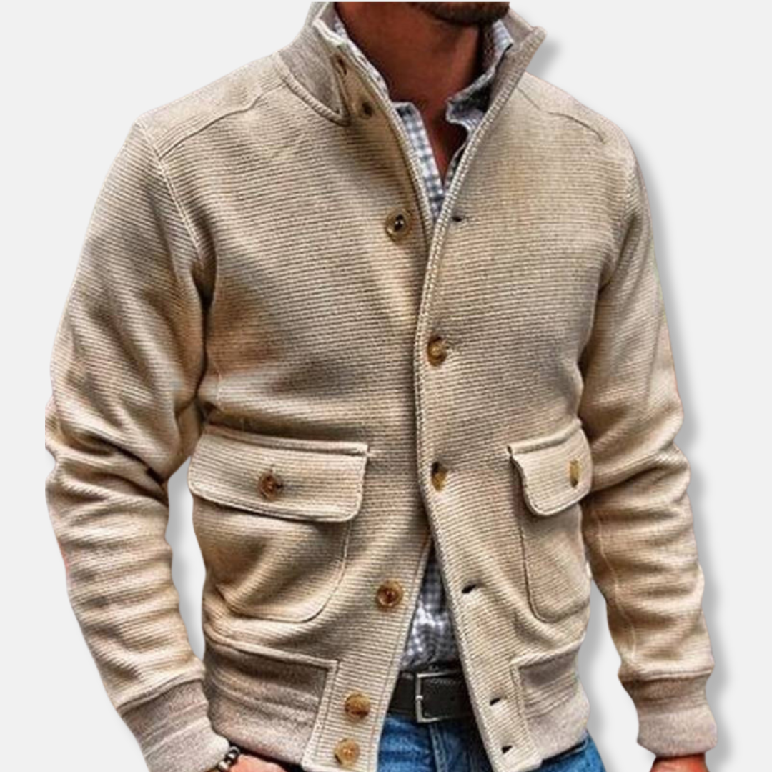 Men’s Jacket – Slim Fit – High Collar – Soft Textured Fabric – Button Front – Flap Pockets