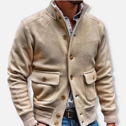 Men’s Jacket – Slim Fit – High Collar – Soft Textured Fabric – Button Front – Flap Pockets
