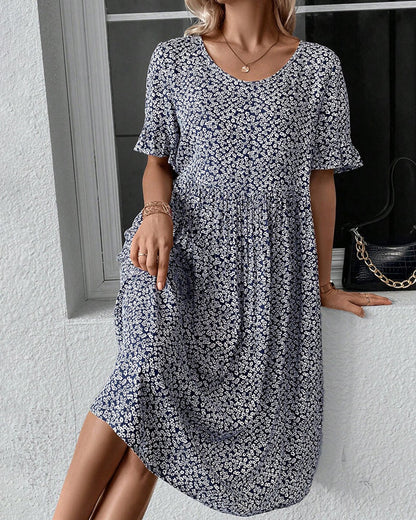 Women's A-Line Dress - Lightweight Cotton - Knee-Length - Short Sleeve Floral Print