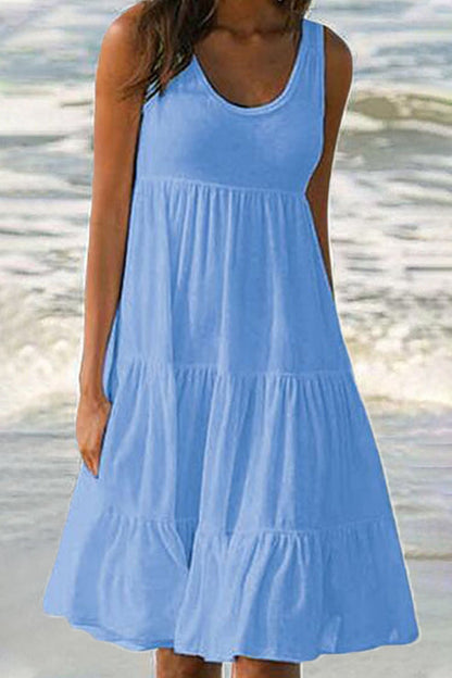 Women's Sleeveless Tiered Dress - Scoop Neck A-Line - Flowy Lightweight Casual Wear