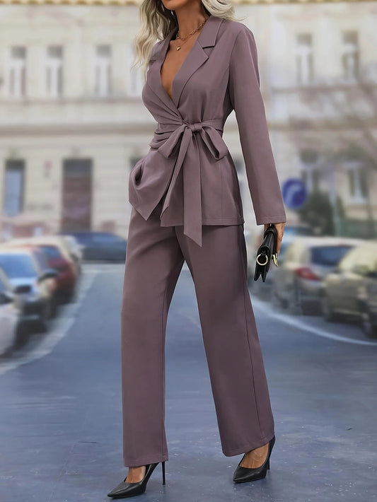 Women’s Blazer and Trousers Set - Woven Fabric - Tailored Fit - Wrap Waist