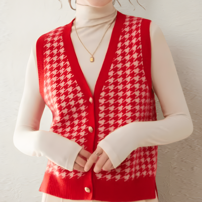 Isla Regular Fit Vest | Houndstooth Pattern Button Front Vest
