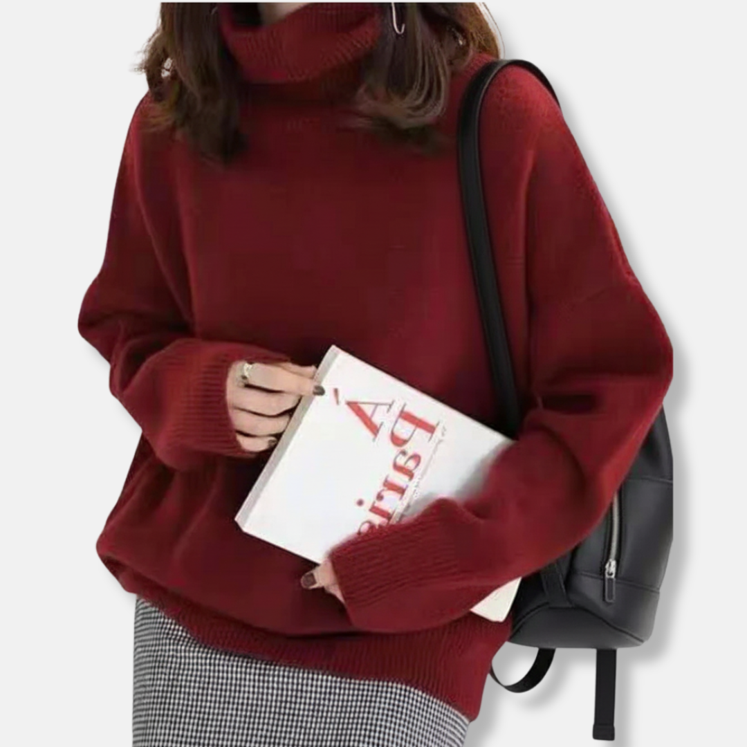 Women’s Turtleneck Sweater – Wool Blend – Relaxed Fit – Ribbed Hem – Hip Length