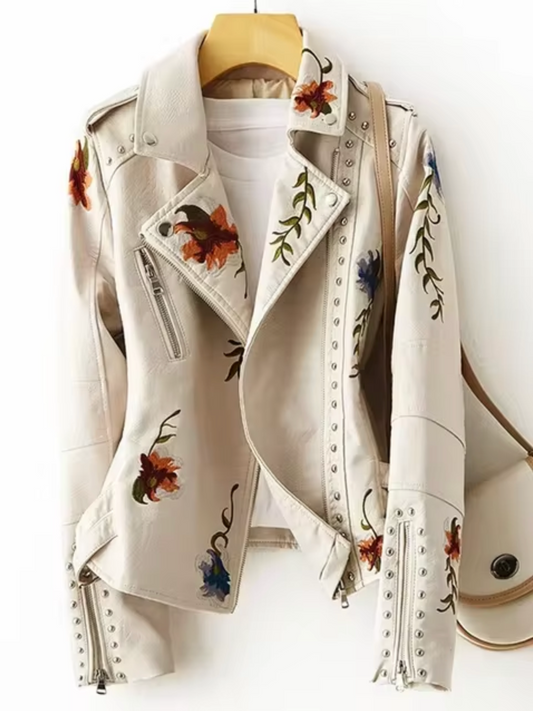 Veronica Leather Biker Jacket | Floral Embroidery Studded Jacket