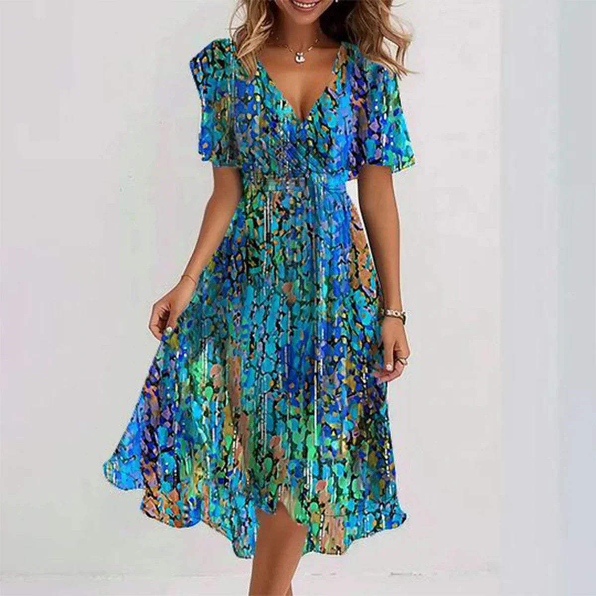 Women's Midi Dress - V-Neck A-Line - Short Sleeve Flowing Fit - Casual Elegant Wear