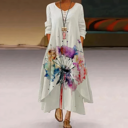 Women's Maxi Dress - Long Sleeve - Flowing Fit - Round Neck - Button Front - Floral Print