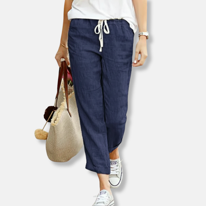 Women’s Trousers – Linen – Relaxed Fit – Drawstring Waist – Full Length Casual Wear