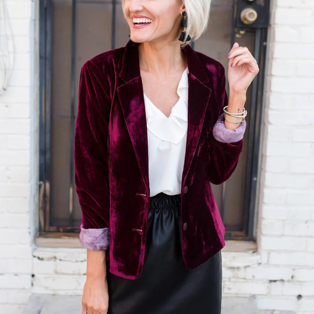 Women’s Blazer – Velvet Look – Relaxed Fit – Single-Breasted – Full-Length Sleeve