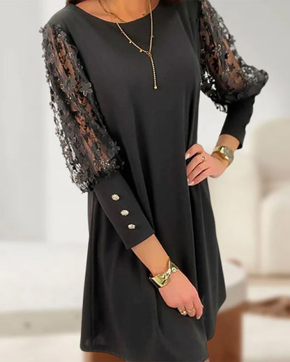 Women’s Short Dress – Relaxed Fit – Sheer Floral Sleeves – Soft Flowing Fabric – Round Neckline