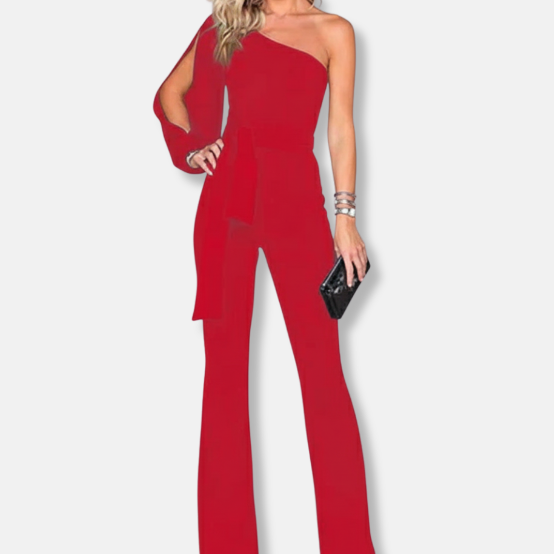Women’s One-Shoulder Jumpsuit – Slim Fit – Flared Leg – Belted Waist – Luxury Fabric