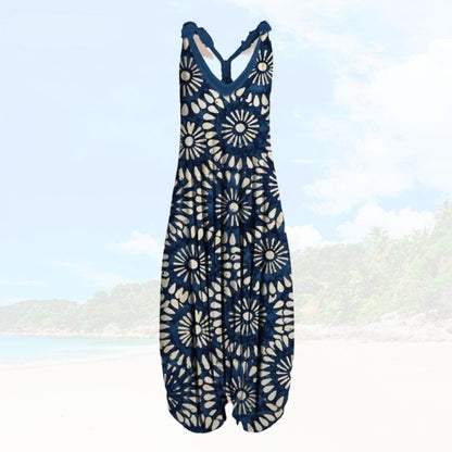 Women’s Jumpsuit – Relaxed Fit – Sleeveless Boho Print – Full Length Breathable Blend