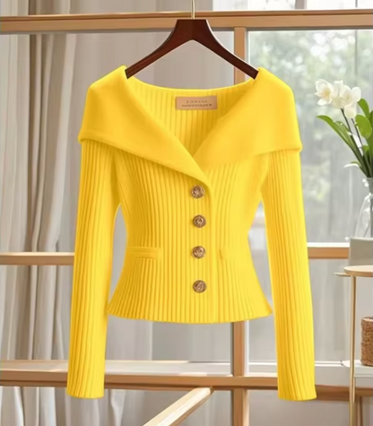 Women’s Short Cardigan – Fitted Knit – Ribbed Texture – Wide Collar – Gold Buttons