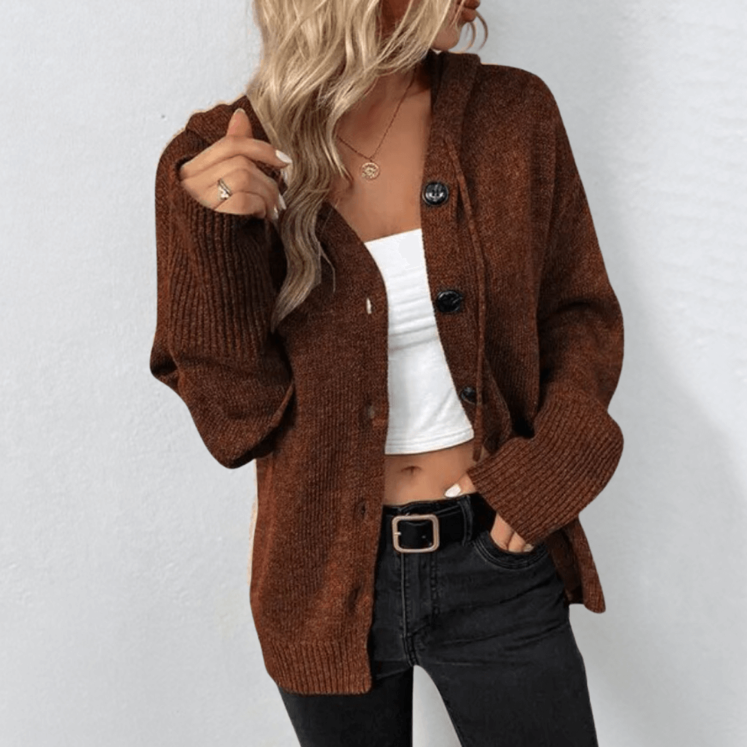 Women’s Knitted Cardigan – Wool Blend – Oversized Fit – Hooded – Button Front Ribbed Hem