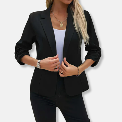 Women’s Blazer – Tailored Fit – Open Front – Three-Quarter Ruched Sleeves – Hip Length