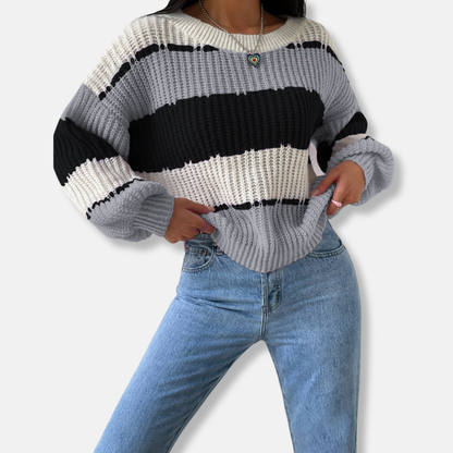 Francesca Cotton Blend Oversized Knit Sweater | Striped Crewneck Sweater