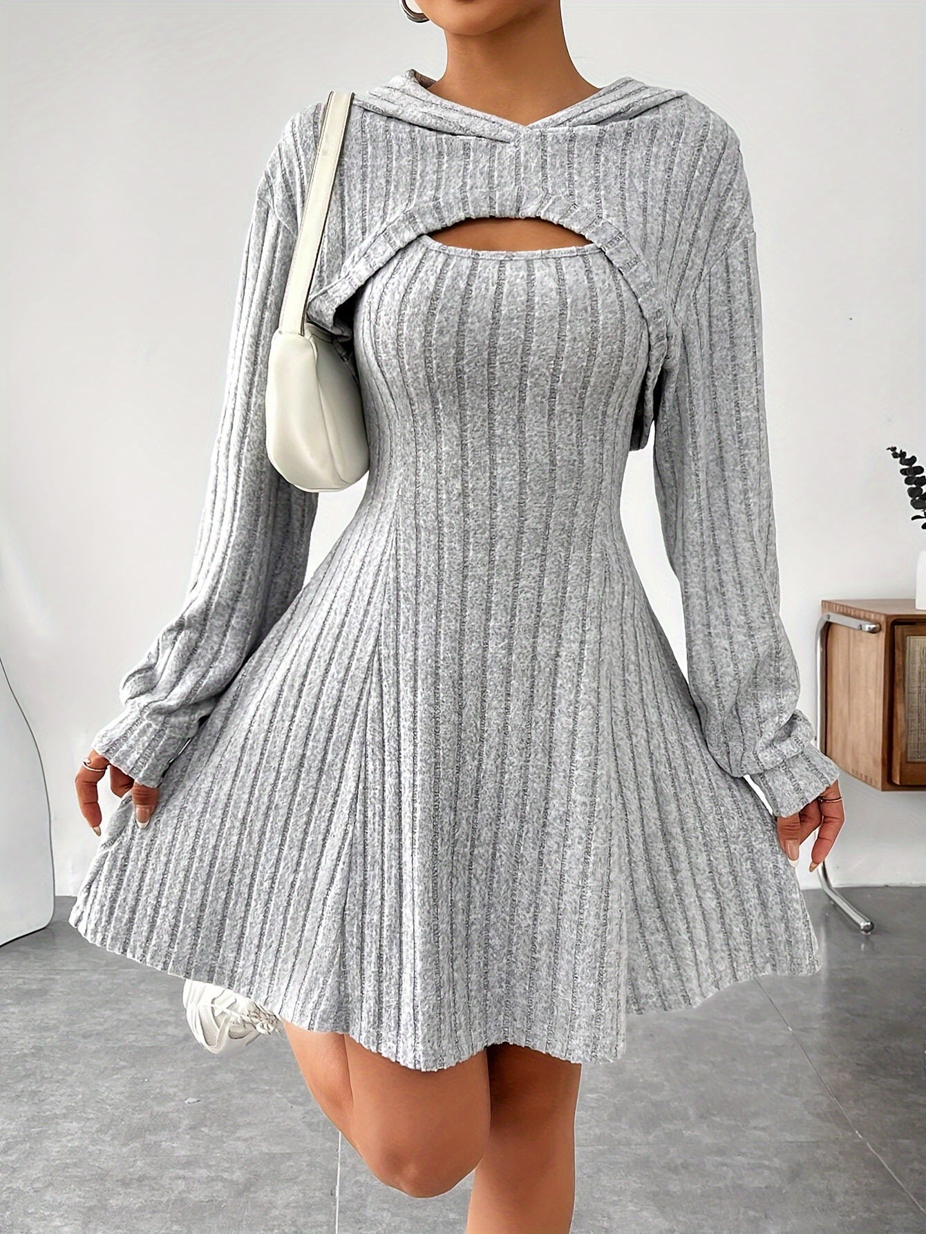 Women's Knit Sweater Dress - Ribbed Texture - V-Neck Cutout - Long Sleeve Mini Fit