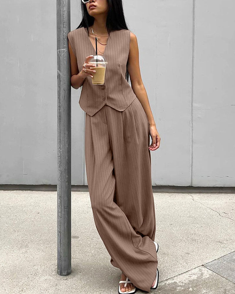 Women’s 2-piece Set – Tailored Vest – Pinstriped – Button-Front – Structured Fit – Wide-Leg Trouser