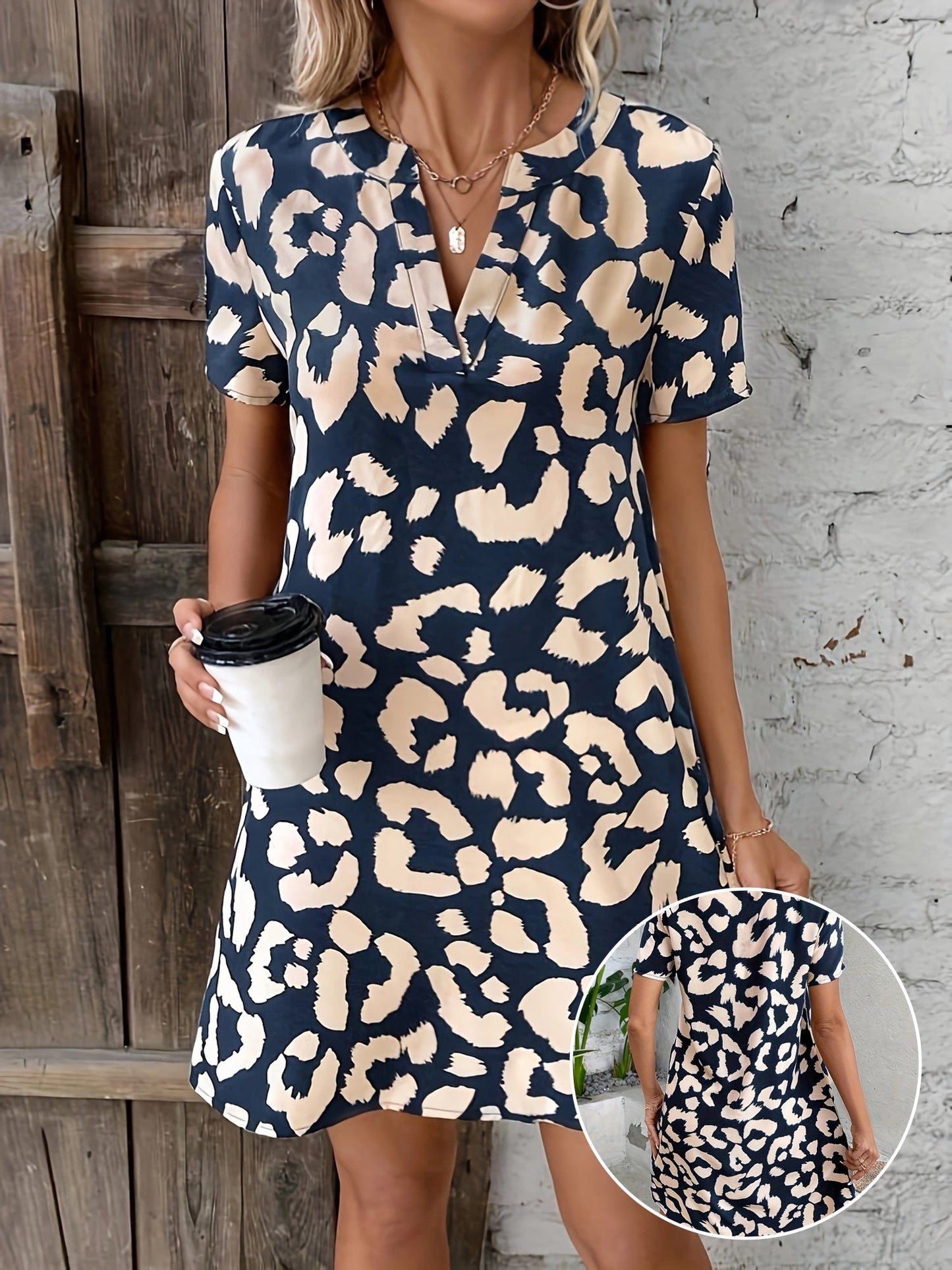 Women's V-Neck Dress - Leopard Print - Short Sleeve Relaxed Fit - Casual Wear