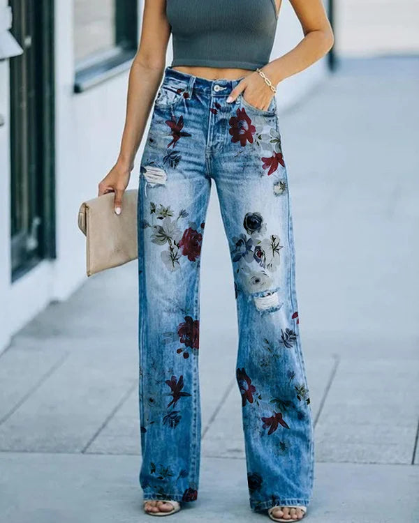 Women’s Jeans – High Rise – Regular Fit – Distressed – Straight Leg – Floral Print