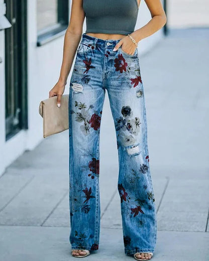 Women’s Jeans – High Rise – Regular Fit – Distressed – Straight Leg – Floral Print
