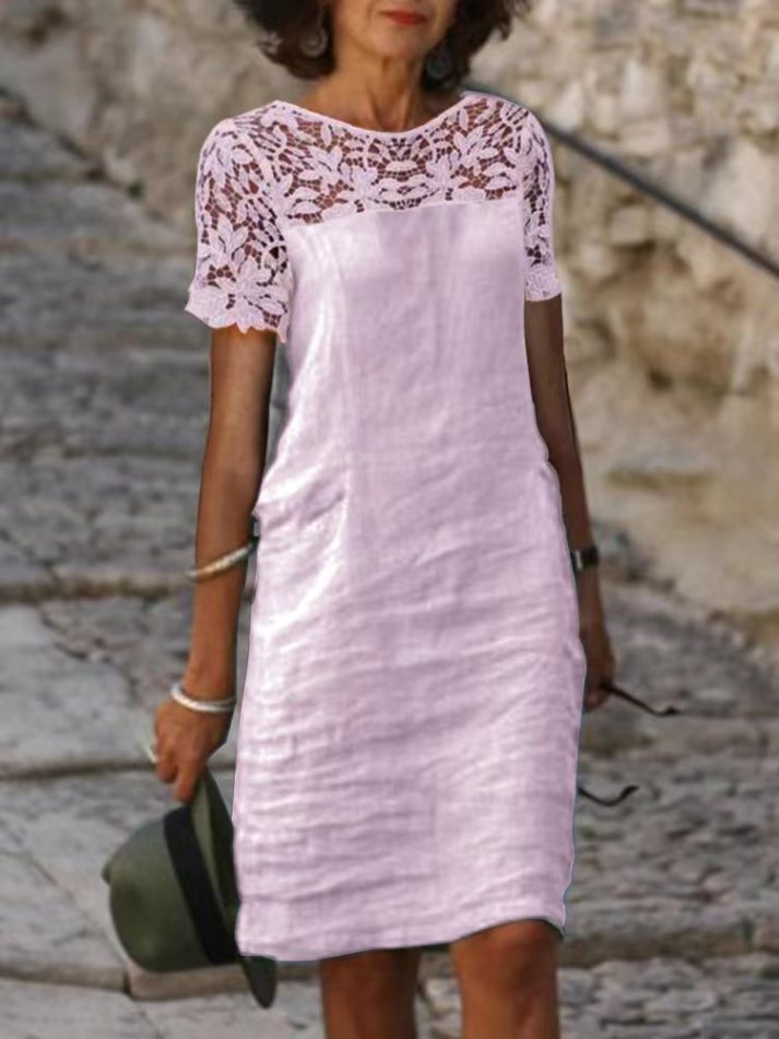 Women’s Knee-Length Dress – Loose Fit – Lace Upper – Short Sleeve – Breathable Blend