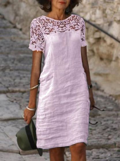 Women’s Knee-Length Dress – Loose Fit – Lace Upper – Short Sleeve – Breathable Blend