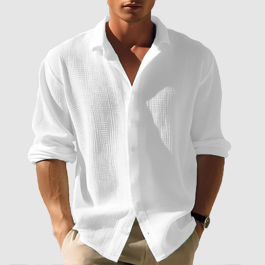Men’s Button-Down Shirt – Relaxed Fit – Long Sleeve – Cotton Linen Textured