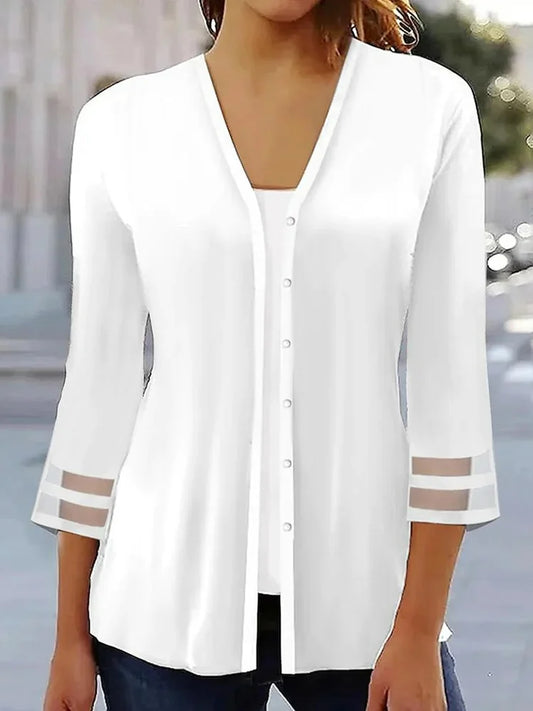 Women’s Shirt – Loose Fit – V-Neck – Button-Down – Sheer Sleeve – Cotton Blend