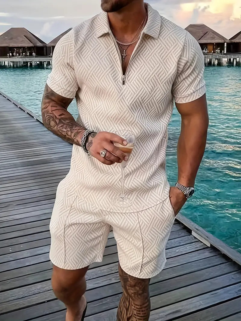 Men’s Polo Shirt and Shorts Set – Slim Fit – Breathable Blend – Zip Placket – Casual Wear