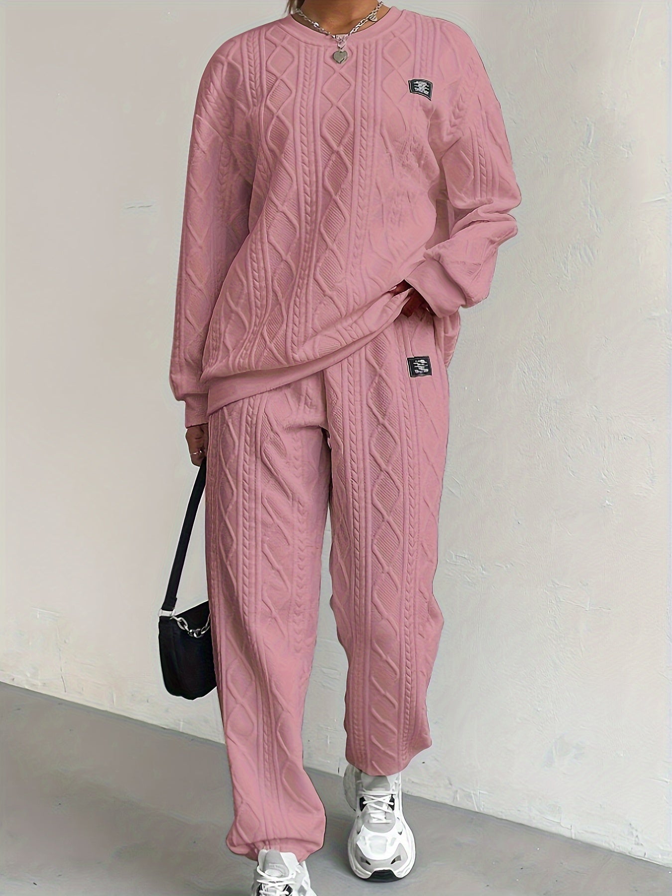 Women’s Lounge Set – Relaxed Fit – Soft Knit – Cable Pattern – Full Length Comfort