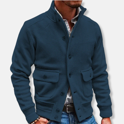 Men’s Jacket – Slim Fit – High Collar – Soft Textured Fabric – Button Front – Flap Pockets
