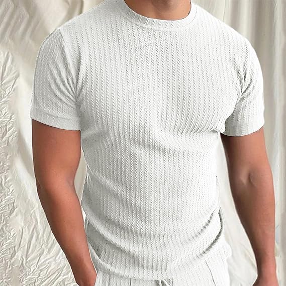 Men’s T-Shirt – Tailored Fit – Soft Knit – Ribbed Texture – Crew Neck – Short Sleeve