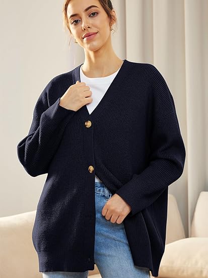 Women’s Cardigan – Oversized Fit – Ribbed Knit – Button Front – V-Neck Casual Wear