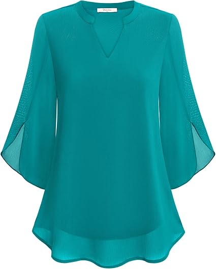 Women’s Blouse – Relaxed Flowing Fit – Chiffon Feel – 3/4 Bell Sleeve V-Neck
