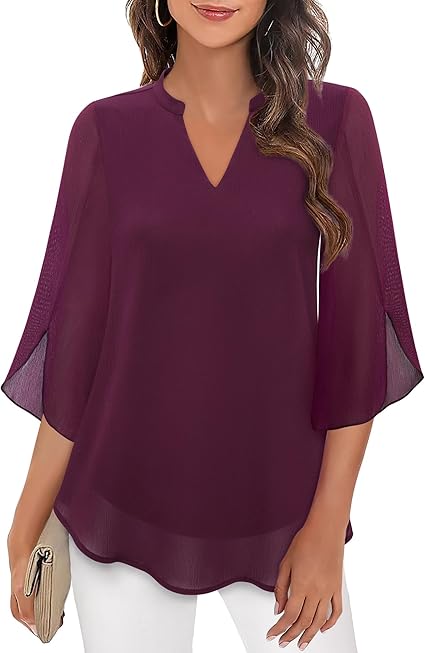 Women’s Blouse – Relaxed Flowing Fit – Chiffon Feel – 3/4 Bell Sleeve V-Neck