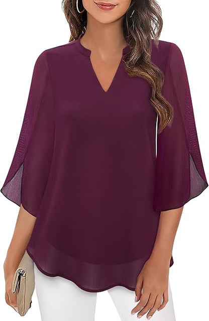 Women’s Blouse – Relaxed Flowing Fit – Chiffon Feel – 3/4 Bell Sleeve V-Neck