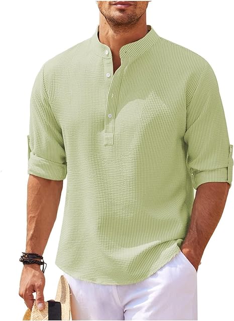 Men’s Casual Shirt – Relaxed Fit – Band Collar – Natural Fibers – Buttoned Cuffs
