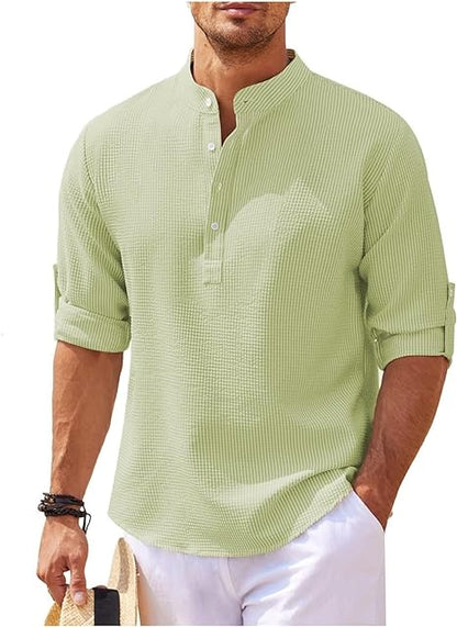 Men’s Casual Shirt – Relaxed Fit – Band Collar – Natural Fibers – Buttoned Cuffs