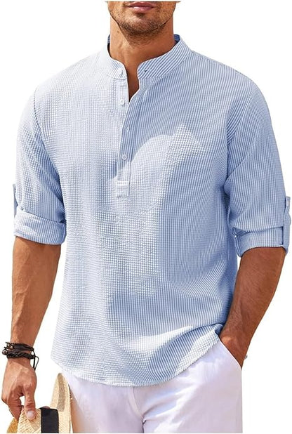 Men’s Casual Shirt – Relaxed Fit – Band Collar – Natural Fibers – Buttoned Cuffs