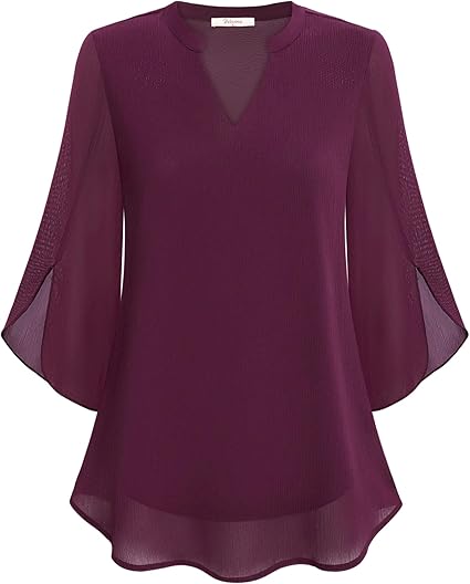 Women’s Blouse – Relaxed Flowing Fit – Chiffon Feel – 3/4 Bell Sleeve V-Neck