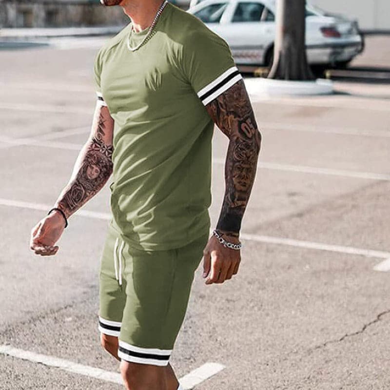 Men’s Athletic Set – Slim Fit – Breathable Stretch Fabric – Short Sleeve & Drawstring Shorts