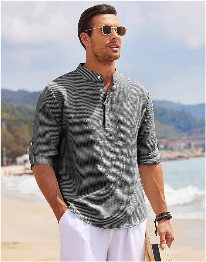 Men’s Casual Shirt – Relaxed Fit – Band Collar – Lightweight Cotton – Rolled Sleeves