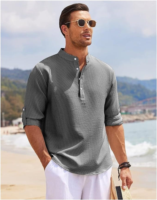 Men’s Casual Shirt – Relaxed Fit – Band Collar – Natural Fibers – Buttoned Cuffs