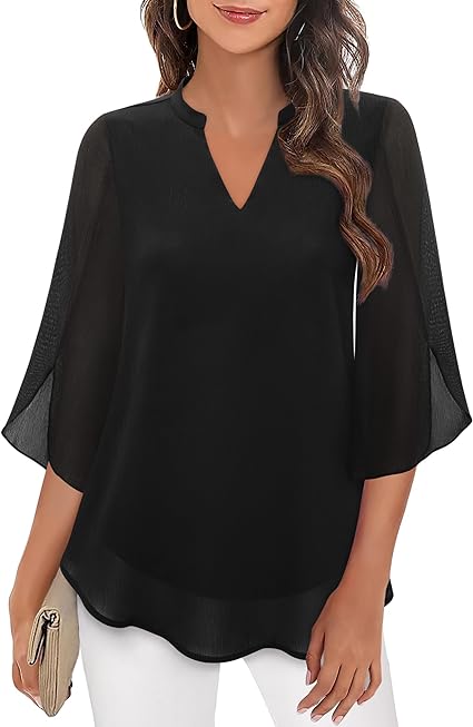 Women’s Blouse – Relaxed Flowing Fit – Chiffon Feel – 3/4 Bell Sleeve V-Neck