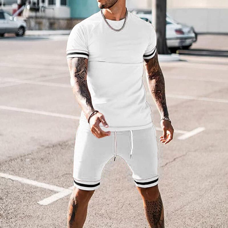 Men’s Athletic Set – Slim Fit – Breathable Stretch Fabric – Short Sleeve & Drawstring Shorts