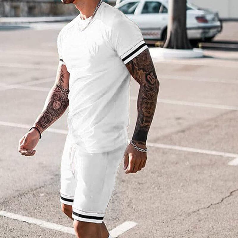 Men’s Athletic Set – Slim Fit – Breathable Stretch Fabric – Short Sleeve & Drawstring Shorts