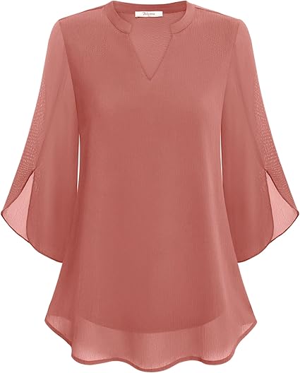 Women’s Blouse – Relaxed Flowing Fit – Chiffon Feel – 3/4 Bell Sleeve V-Neck